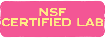Pink label with yellow text 'NSF CERTIFIED LAB' on a white background