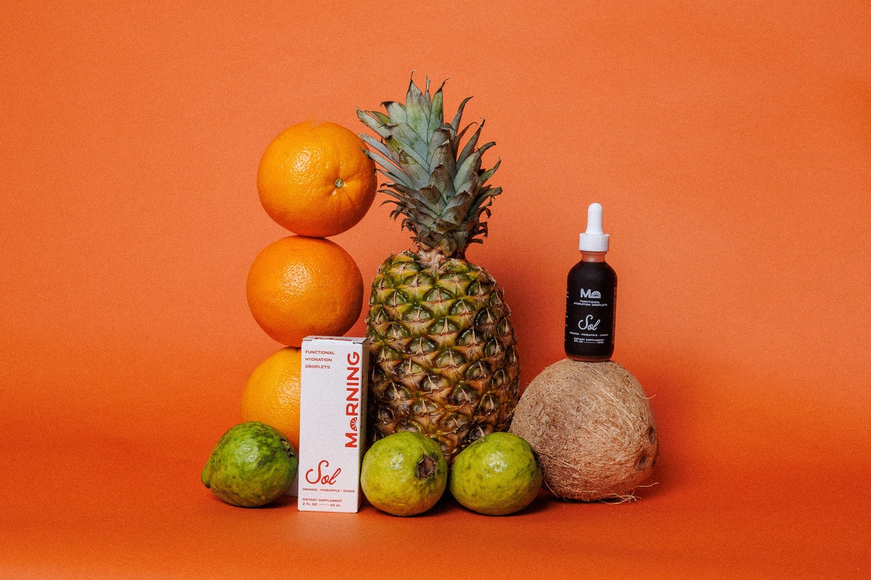 Fruits and a bottle on an orange background