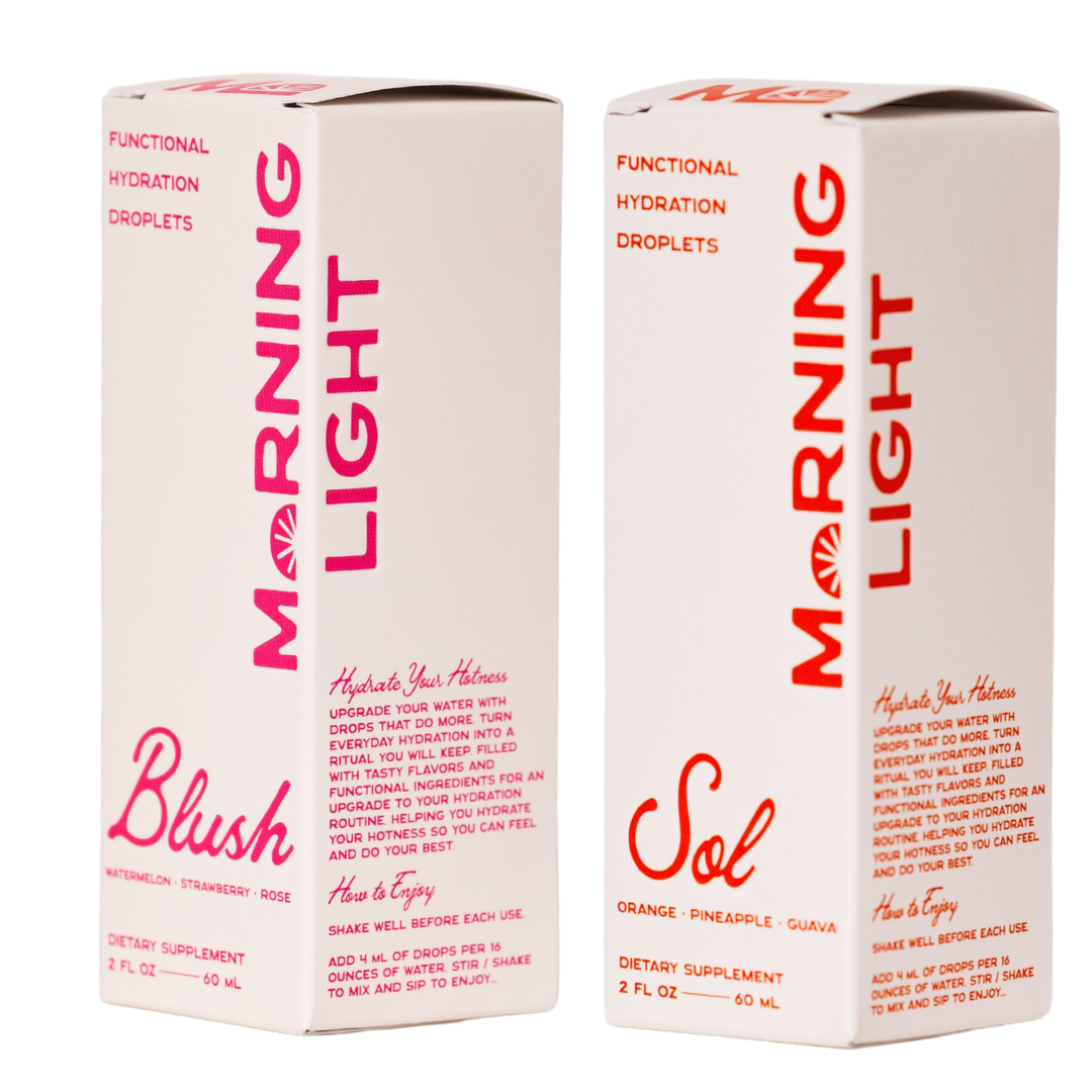 Two boxes of Morning Light functional hydration droplets in Blush and Sol flavors on a white background.